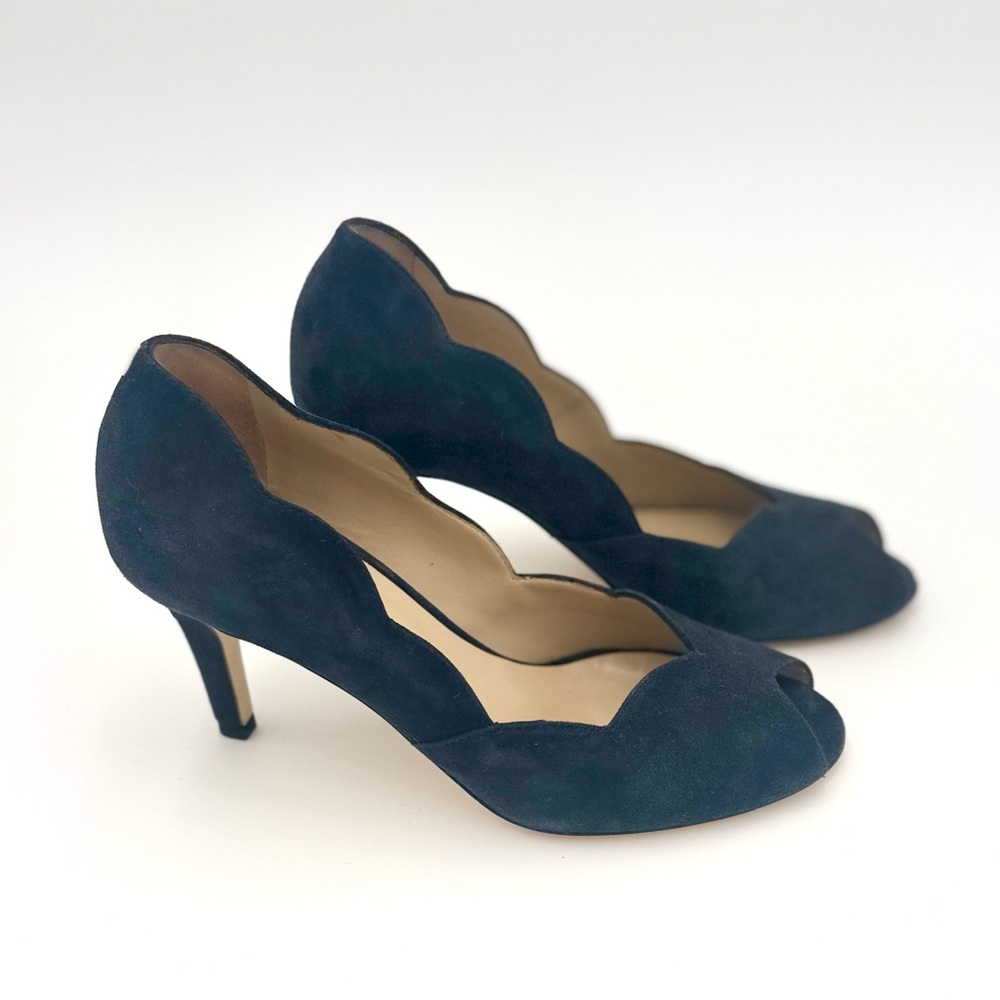 Hobbs of London Blue Suede Peep Toe Heels with Scalloped Sides